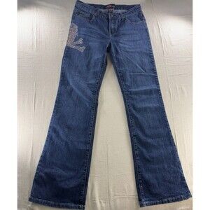 Vintage Y2K Wave Jeans Rhinestone Skull Flare Denim Blue Contrast Stitch Size 11